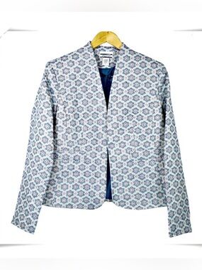 A’Rived Women's Collarless Vintage Blazer - Blue & White, Size 16